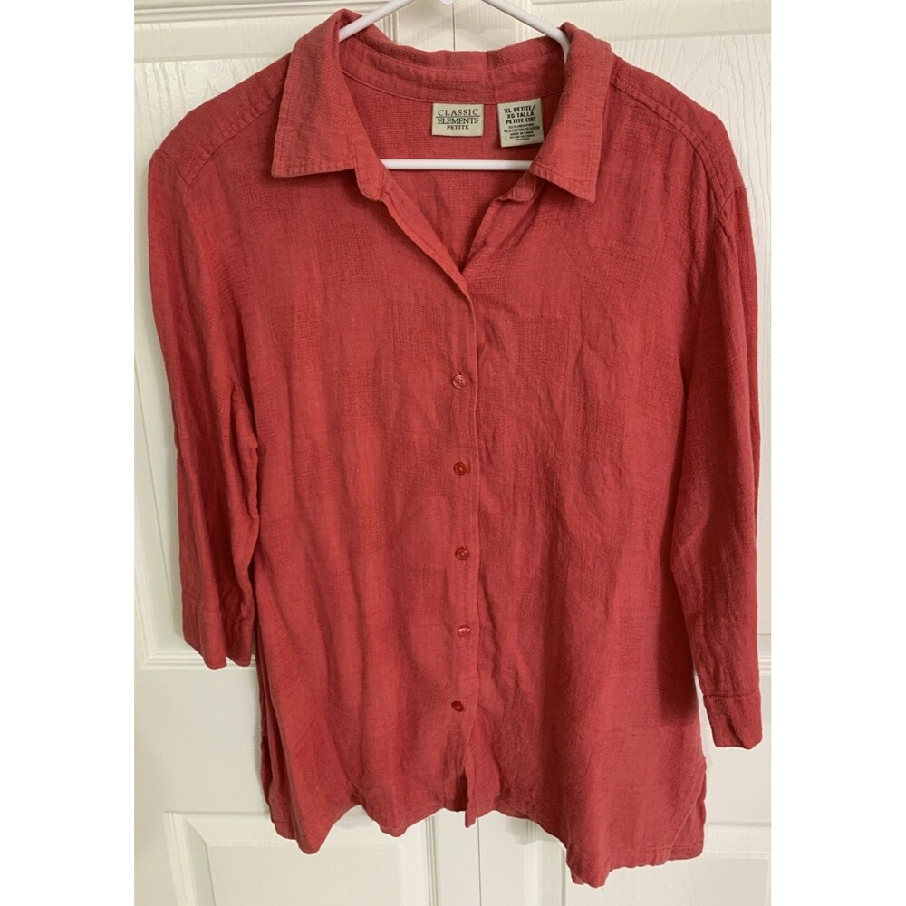 Classic Elements Blouse Petite Women's XL Pink Coral Linen Cotton 3/4 Sleeve